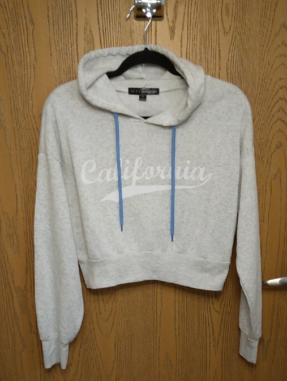 California Graphic Cropped Hooded Sweatshirt Light Gray and Blue
